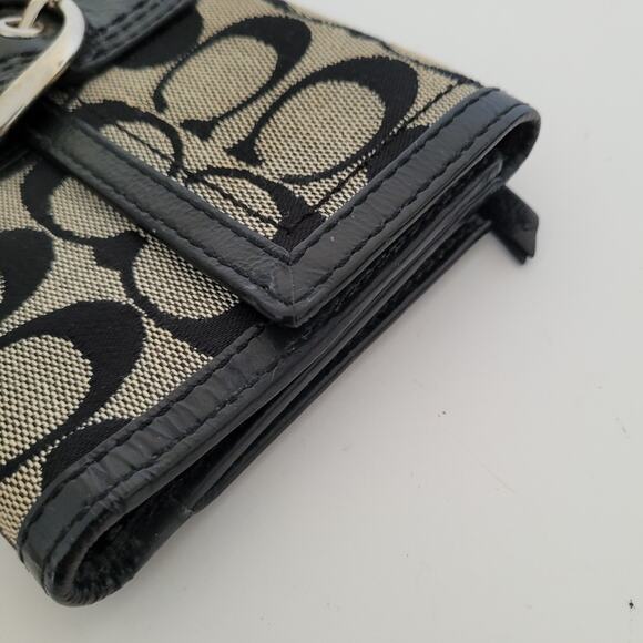 Coach Buckle Signature Clutch Wallet Large Logo Canvas Leather Black Trifold - Picture 11 of 12